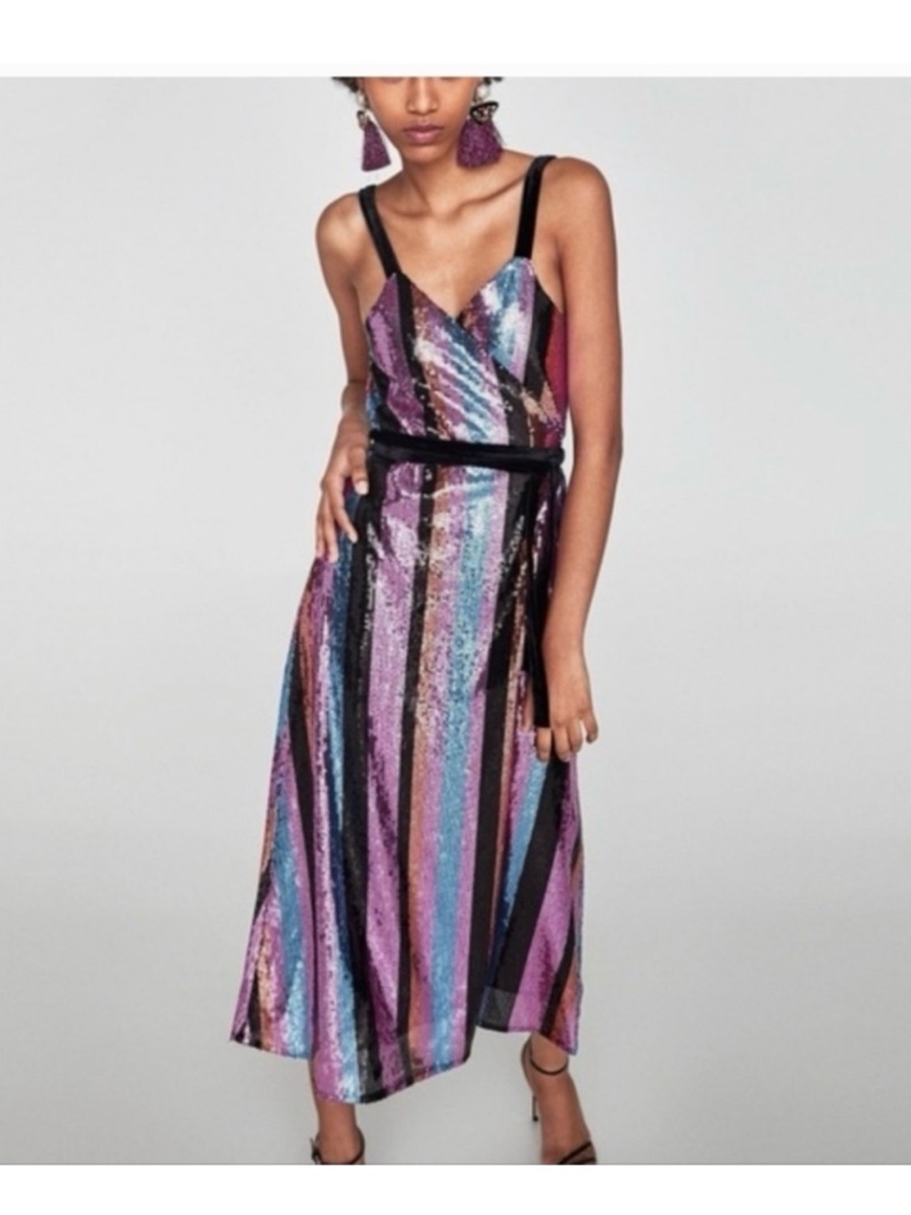 Zara Sequin Striped Wrap  Dress